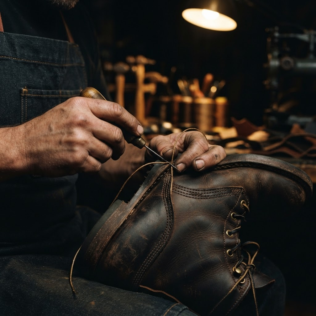Artesão costurando couro de uma bota de segurança Crival